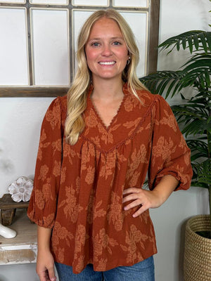 Terracotta Textured Floral Print Blouse with Lace Yoke S-2XL