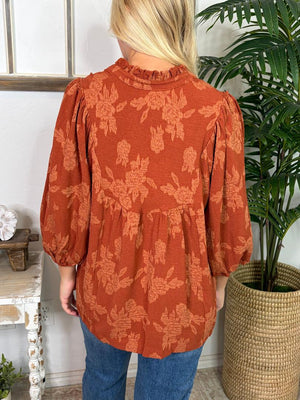 Terracotta Textured Floral Print Blouse with Lace Yoke S-2XL
