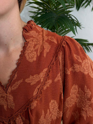 Terracotta Textured Floral Print Blouse with Lace Yoke S-2XL