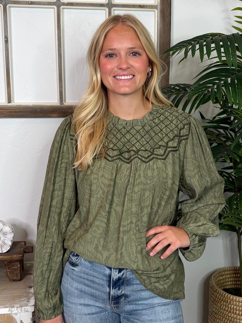 Olive Textured Embroidered Puff Sleeve Blouse