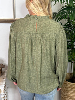 Olive Textured Embroidered Puff Sleeve Blouse