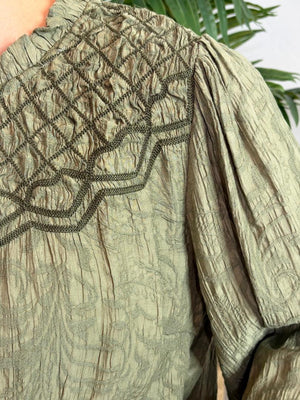 Olive Textured Embroidered Puff Sleeve Blouse