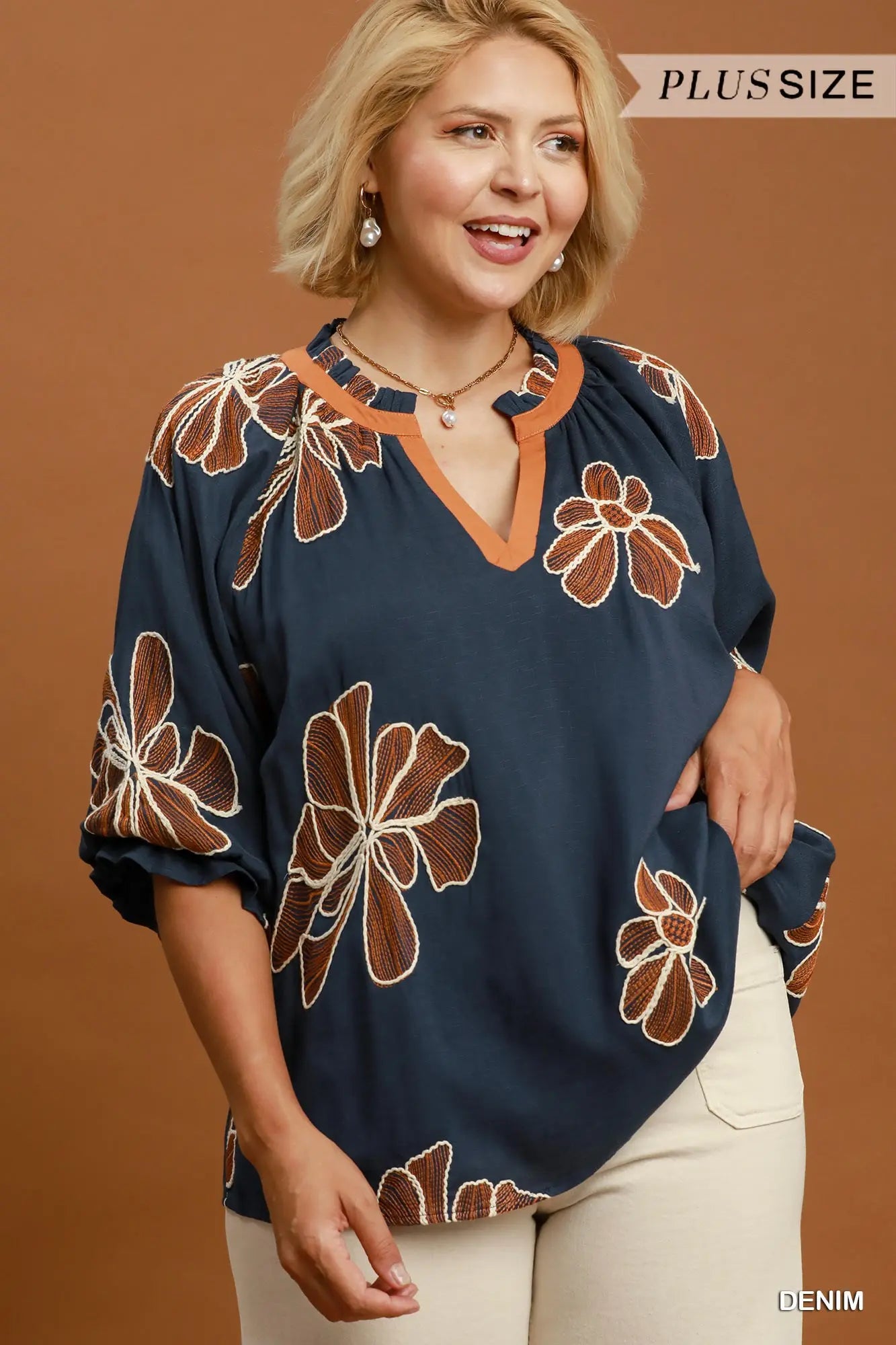 Denim Blouse with Camel Embroidery S-2XL