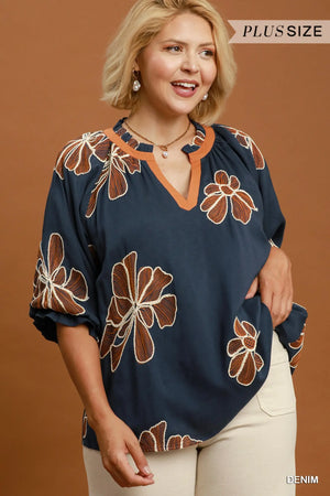 Denim Blouse with Camel Embroidery S-2XL