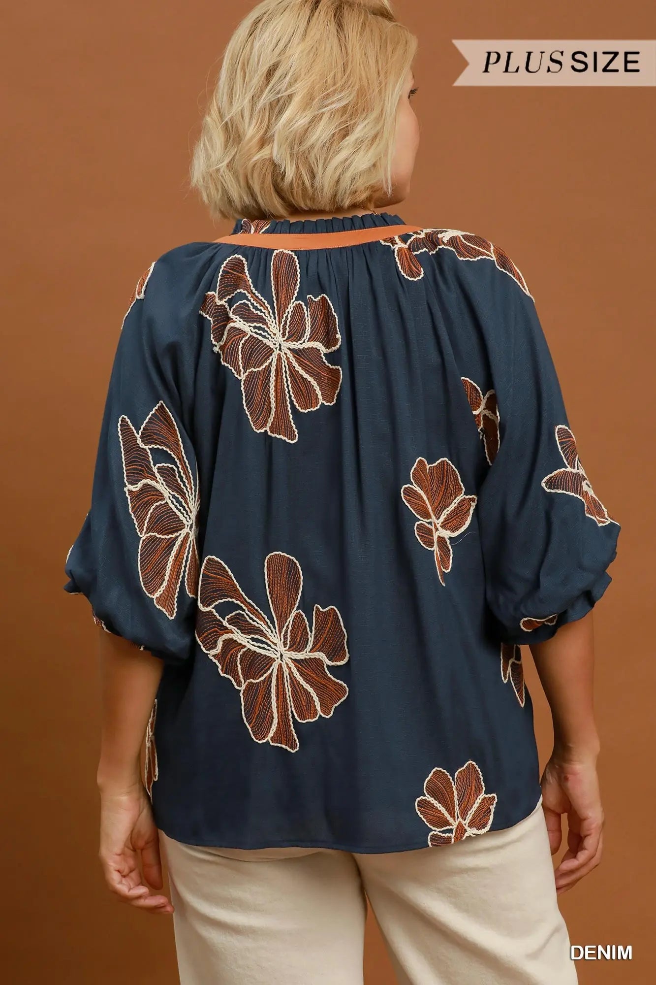 Denim Blouse with Camel Embroidery S-2XL