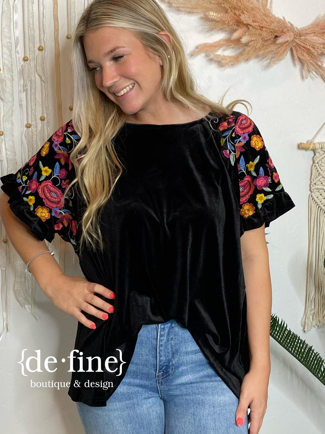 Black Velvet Top with Embroidered Sleeves in Curvy Sizes