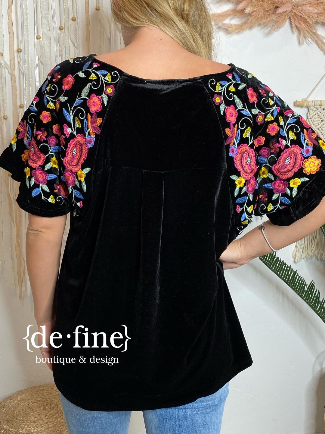Black Velvet Top with Embroidered Sleeves in Curvy Sizes