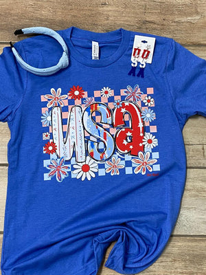 USA Checker Floral Patriotic Graphic Tee