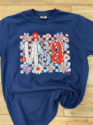 USA Checker Floral Patriotic Graphic Tee