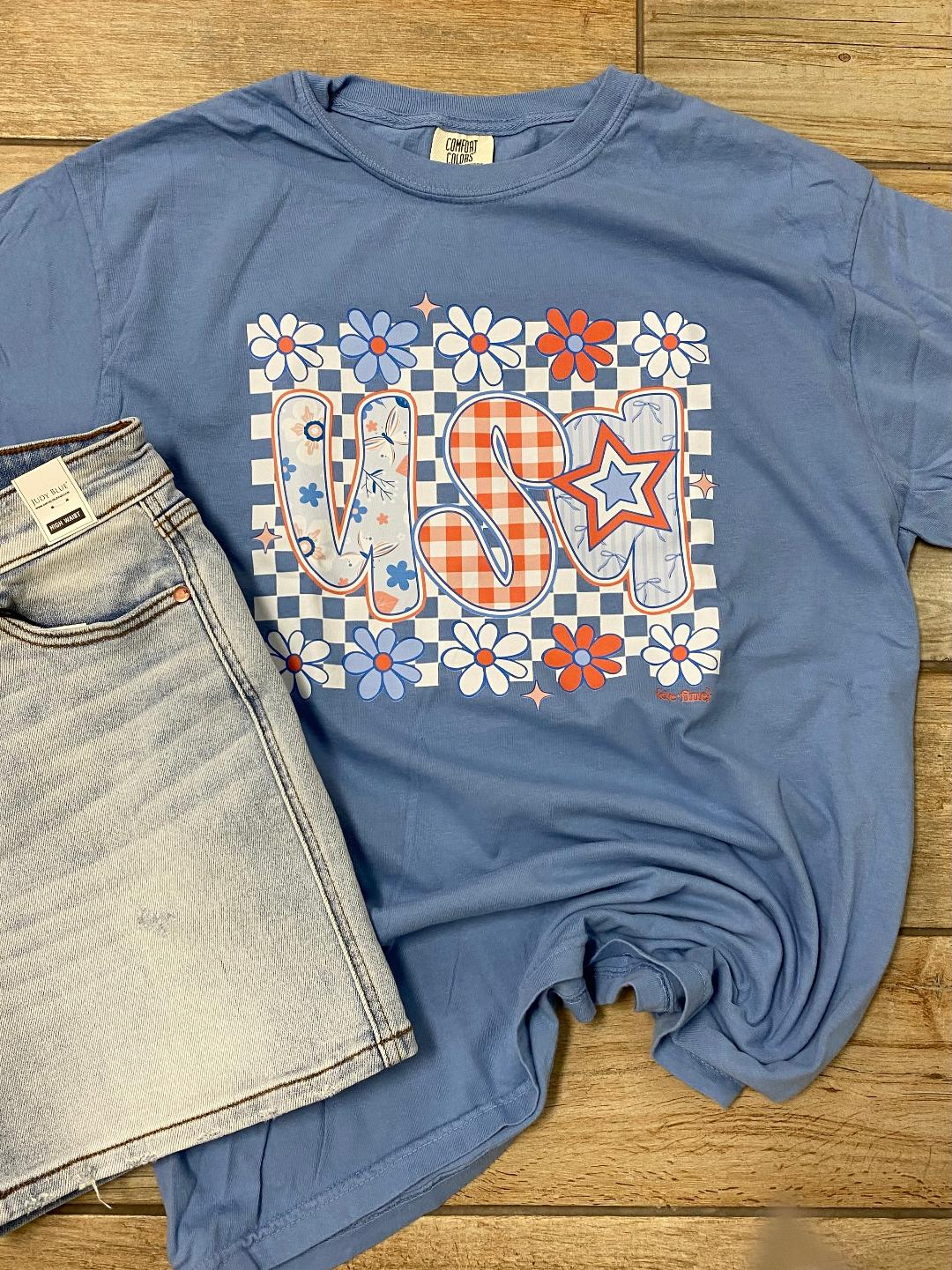 USA Floral Checker Graphic Tee