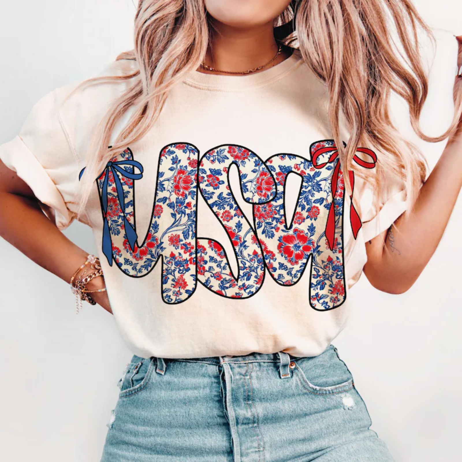 USA Floral with Bows Graphic Tee