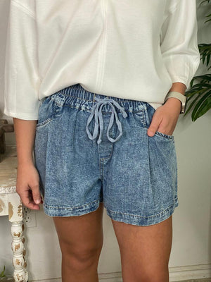 Acid Wash Pleated Shorts with Elastic Waist S-3XL