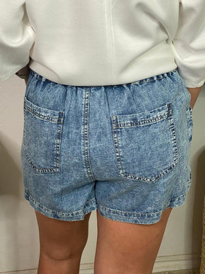 Acid Wash Pleated Shorts with Elastic Waist S-3XL