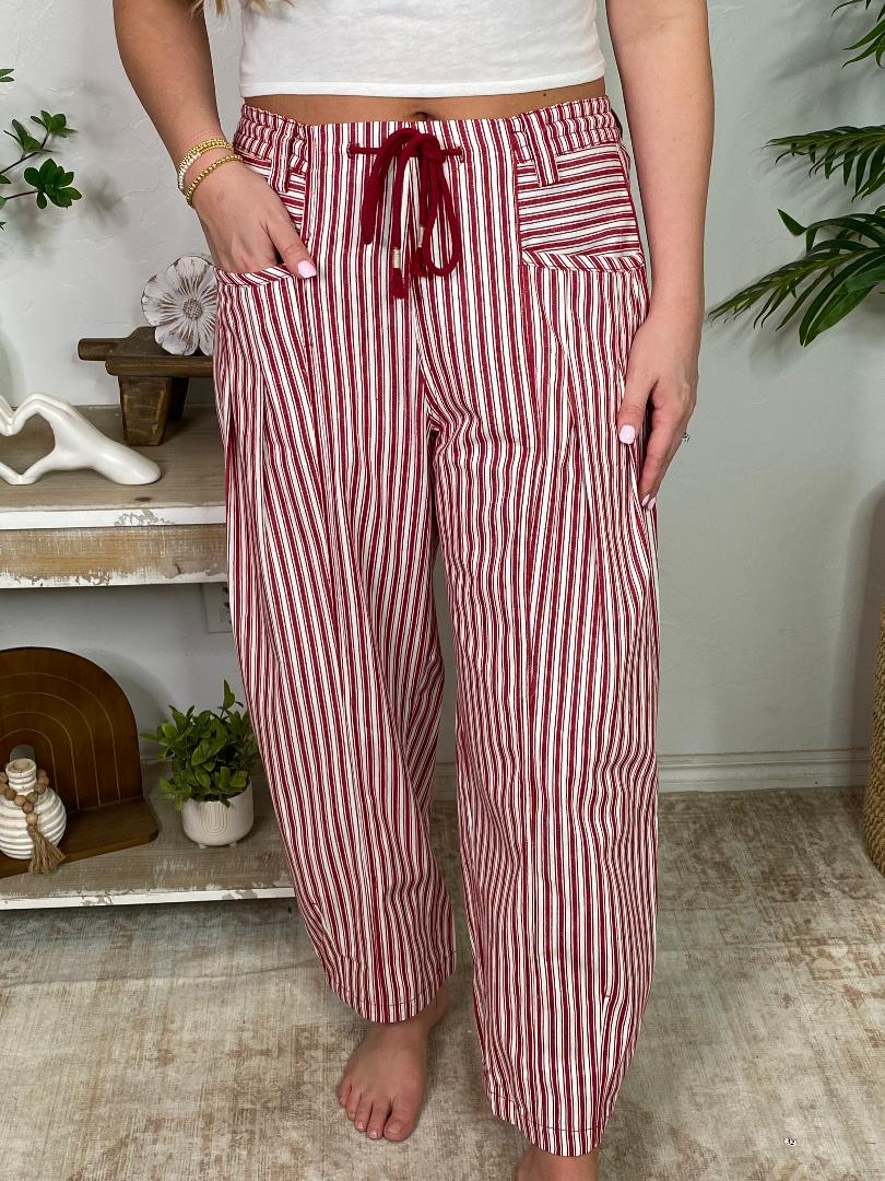 Red Ticking Striped Barrel Pants