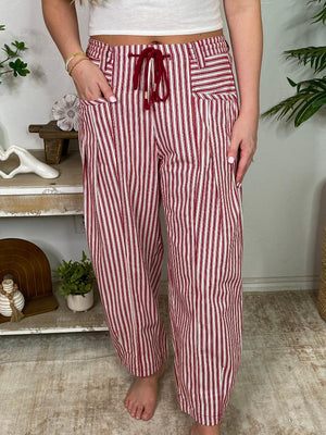 Red Ticking Striped Barrel Pants