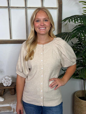 Puff Sleeve Button Up Sweater in Cream or Mocha