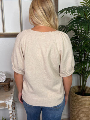 Puff Sleeve Button Up Sweater in Cream or Mocha