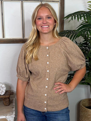 Puff Sleeve Button Up Sweater in Cream or Mocha