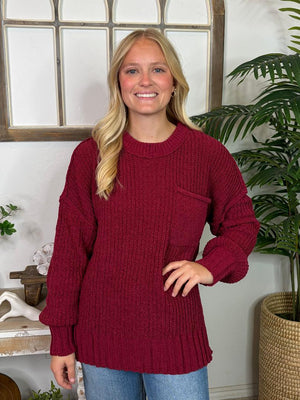 Burgundy Chenille Sweater with Pocket