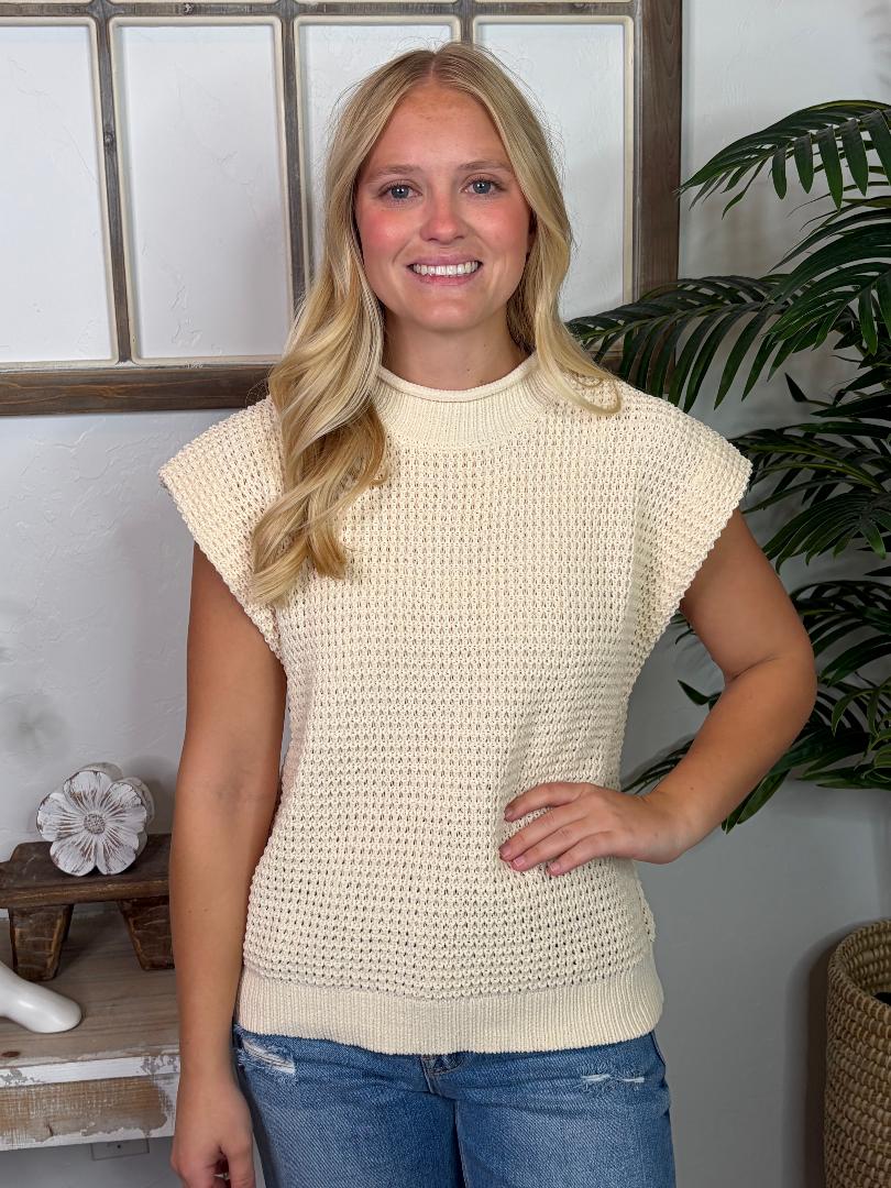 Cream Chunky Knit Mock Neck Short Sleeve Sweater