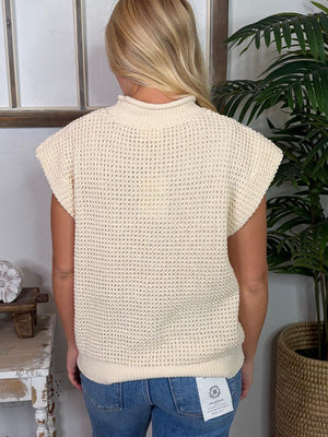Cream Chunky Knit Mock Neck Short Sleeve Sweater