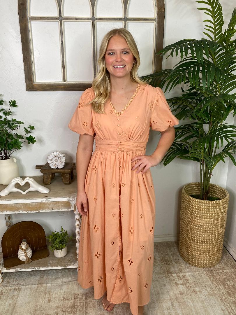 Peach Eyelet Midi Dress