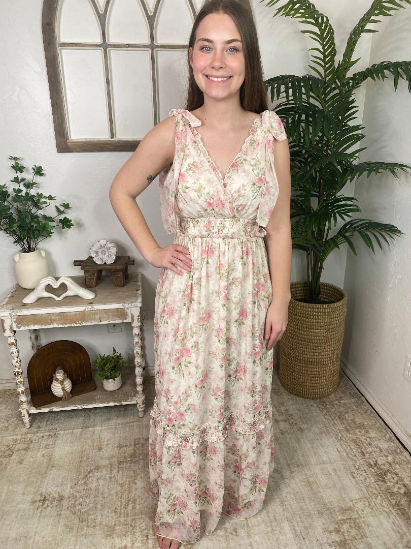 Ivory and Pink Floral Sheer Maxi Dress