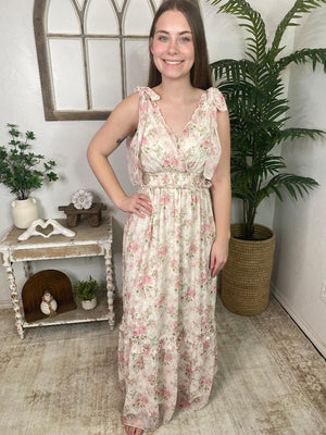 Ivory and Pink Floral Sheer Maxi Dress