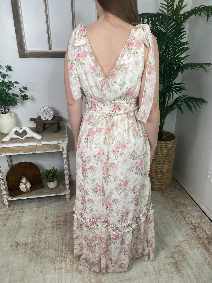 Ivory and Pink Floral Sheer Maxi Dress