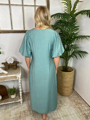 Sage Midi Dress with Twist Front and Balloon Sleeves