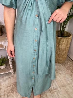 Sage Midi Dress with Twist Front and Balloon Sleeves