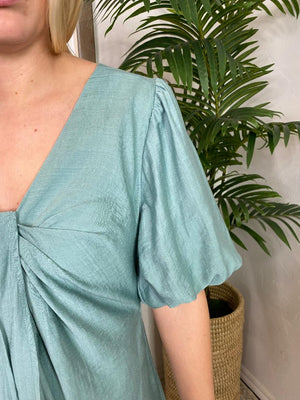 Sage Midi Dress with Twist Front and Balloon Sleeves