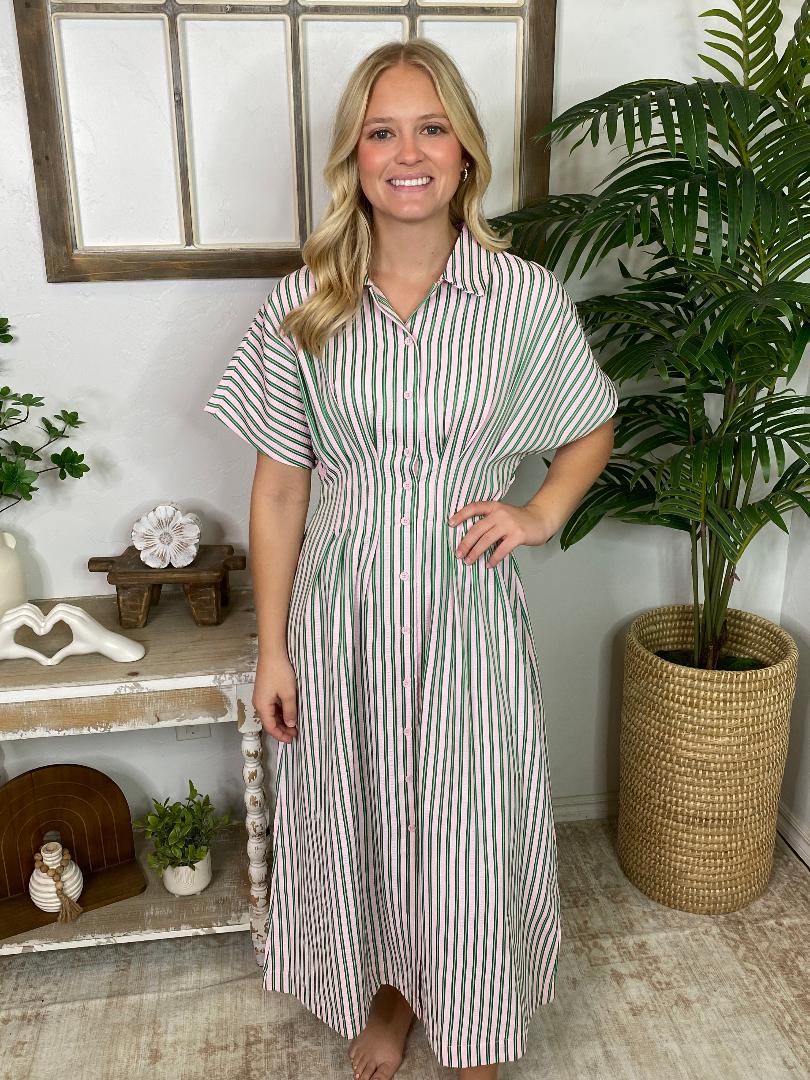 Green and Pink Striped Midi Shirt Dress