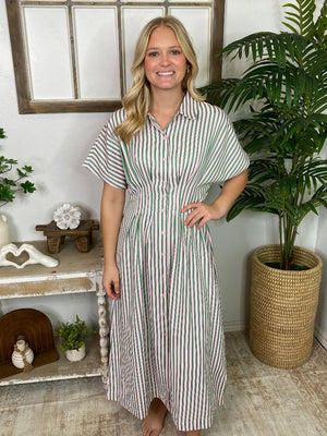 Green and Pink Striped Midi Shirt Dress