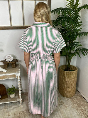 Green and Pink Striped Midi Shirt Dress