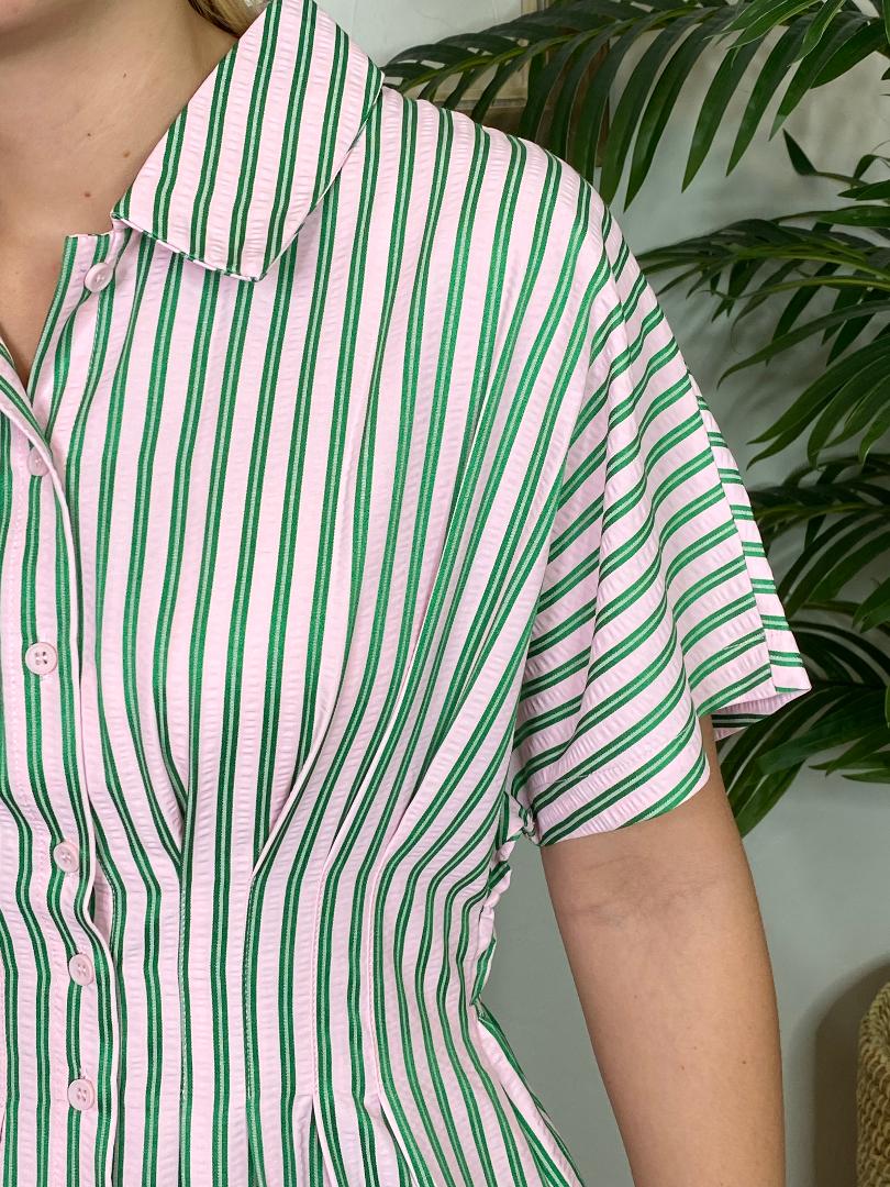 Green and Pink Striped Midi Shirt Dress