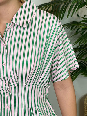 Green and Pink Striped Midi Shirt Dress