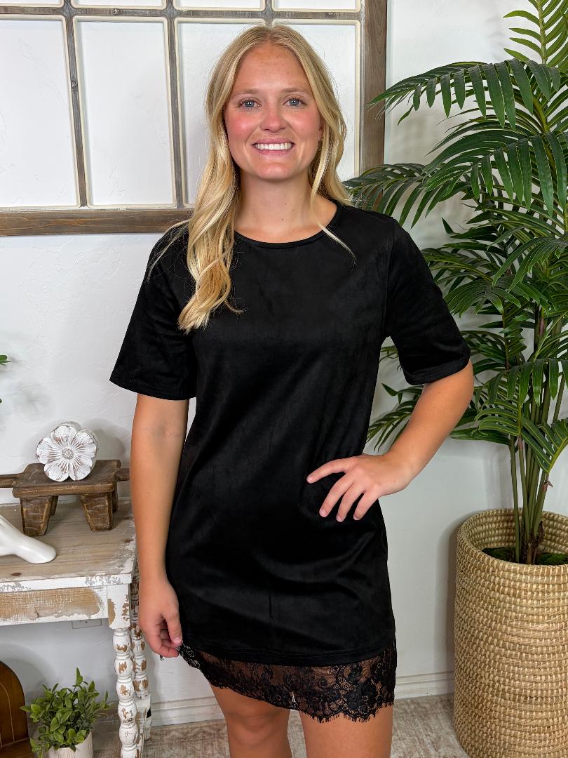 Black Faux Suede Dress with Lace Hem