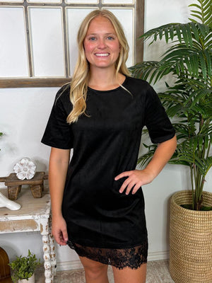 Black Faux Suede Dress with Lace Hem