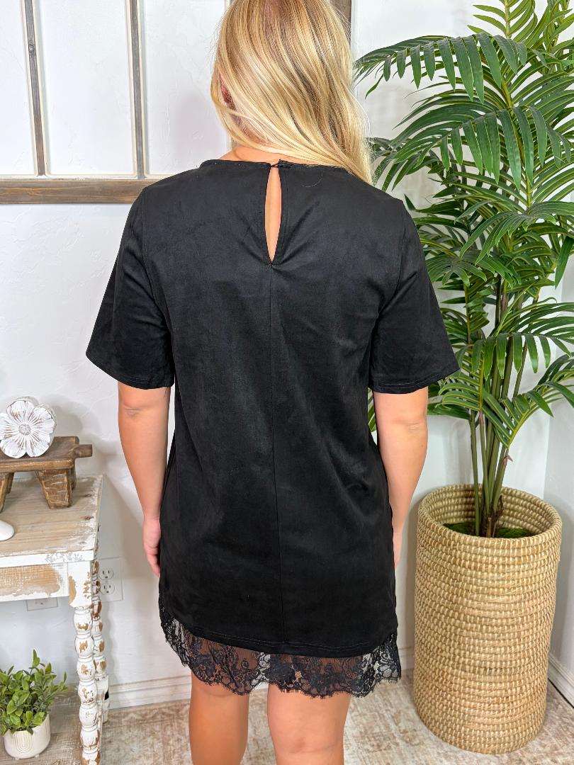 Black Faux Suede Dress with Lace Hem