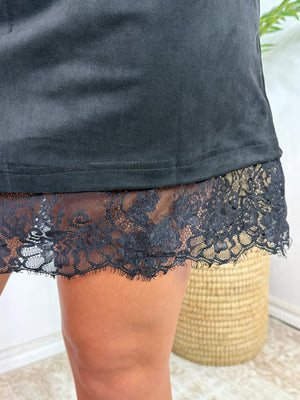 Black Faux Suede Dress with Lace Hem
