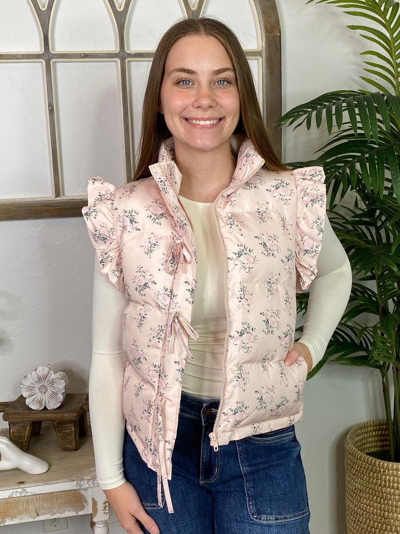 Light Pink Floral Puffy Vest with Bows