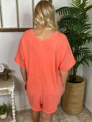 Mineral Washed V-Neck Shorts Romper Coral or Hot Pink