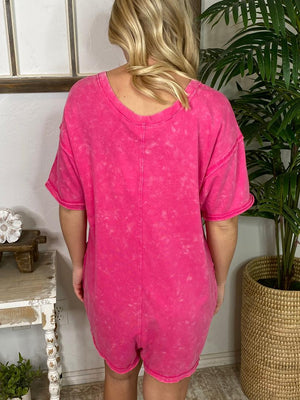 Mineral Washed V-Neck Shorts Romper Coral or Hot Pink