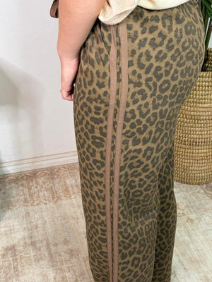 Leopard Wide Leg Pants with Side Stripes