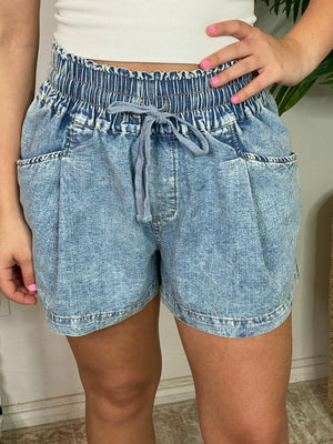 Acid Wash Pleated Shorts with Elastic Waist S-3XL