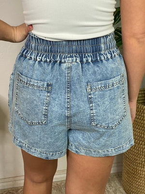 Acid Wash Pleated Shorts with Elastic Waist S-3XL