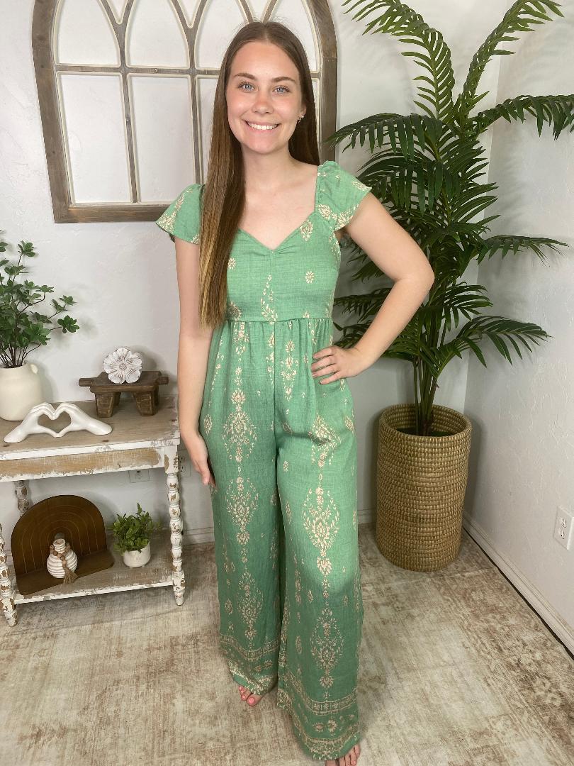 Sage Wide Leg Romper with Bow on Back
