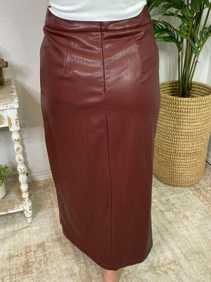 Burgundy Front Slit Vegan Leather Long Skirt