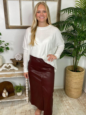 Burgundy Front Slit Vegan Leather Long Skirt